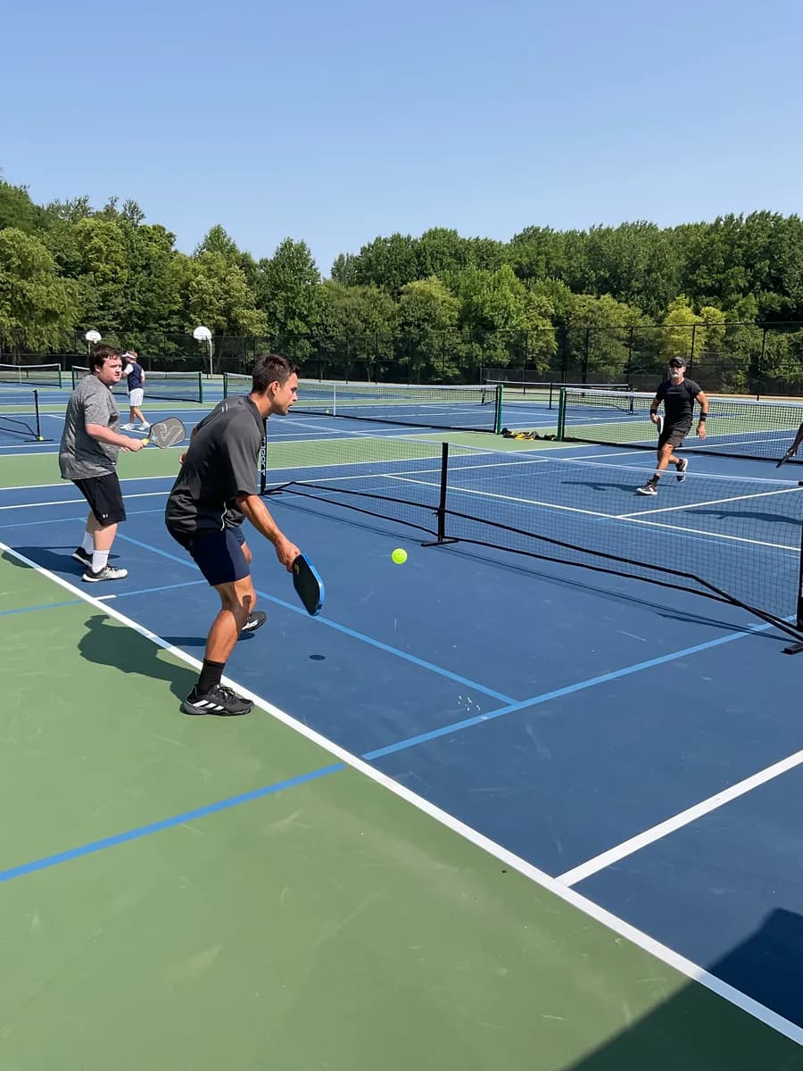 Pickleball players preparing for or playing a doubles rally on outdoor courts